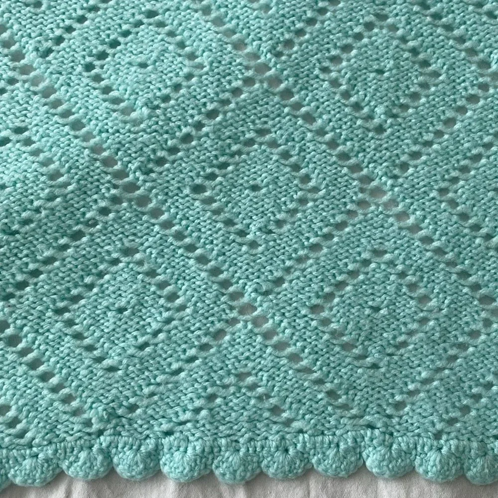 Handmade Baby Blanket Crocheted Throw Blue Mint Diamond Pattern Lightweight